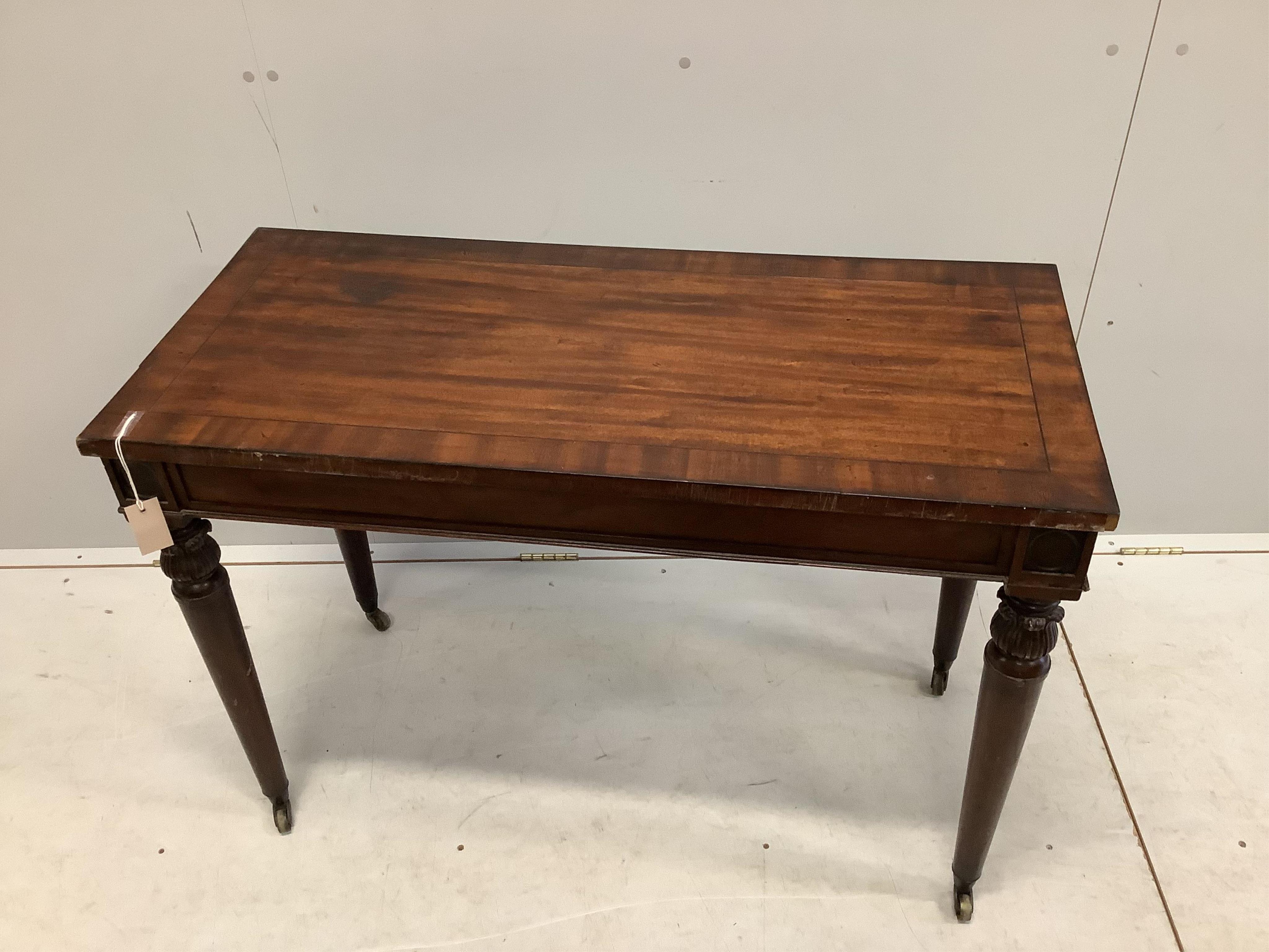 A George III rectangular mahogany side table, width 106cm, depth 48cm, height 73cm. Condition - fair